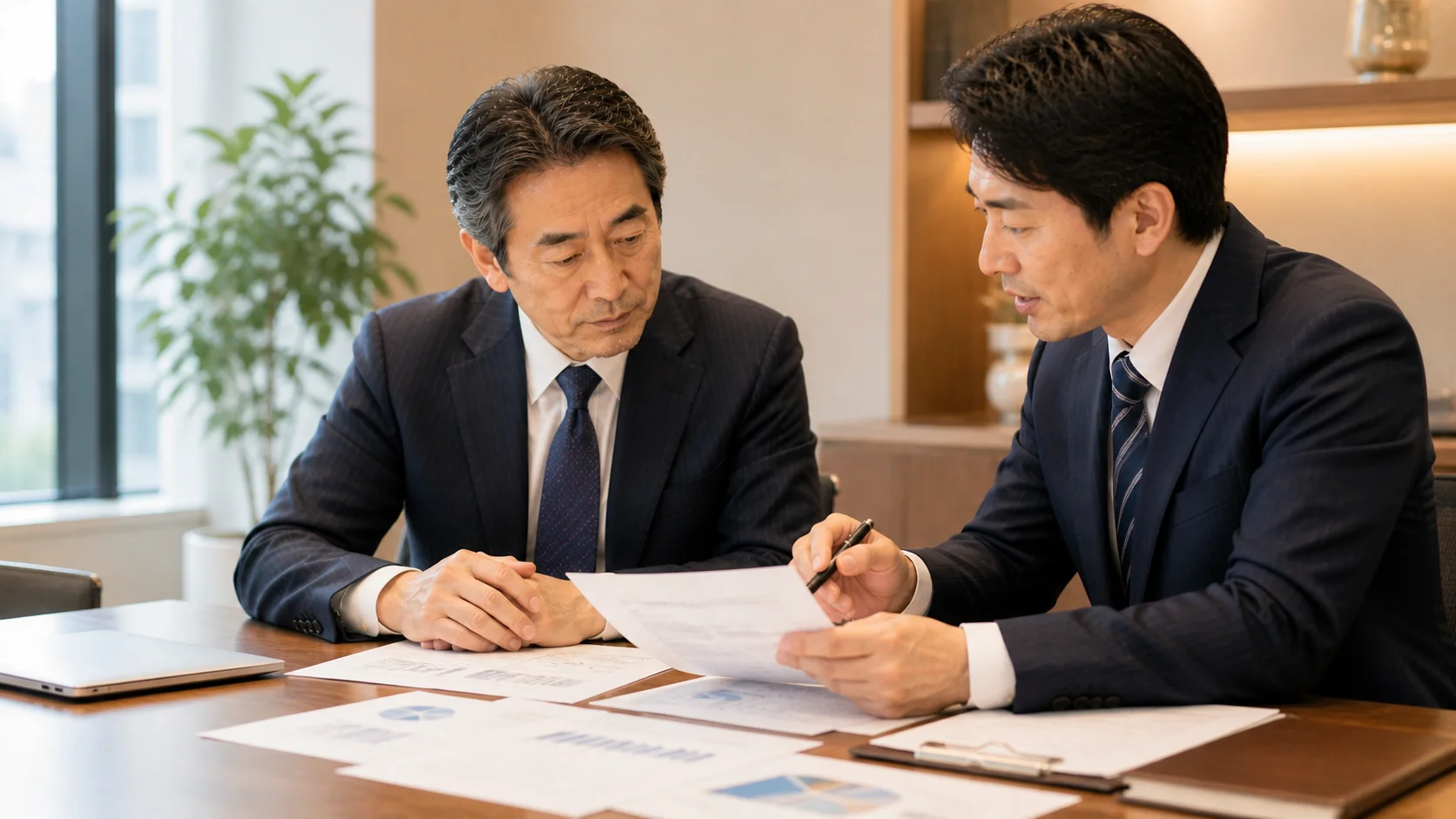 M&A売却の注意点を専門家と慎重に確認する経営者のシーン