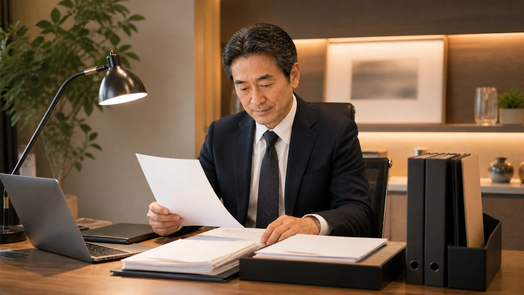 M&A相談前に必要書類を整理している経営者のシーン