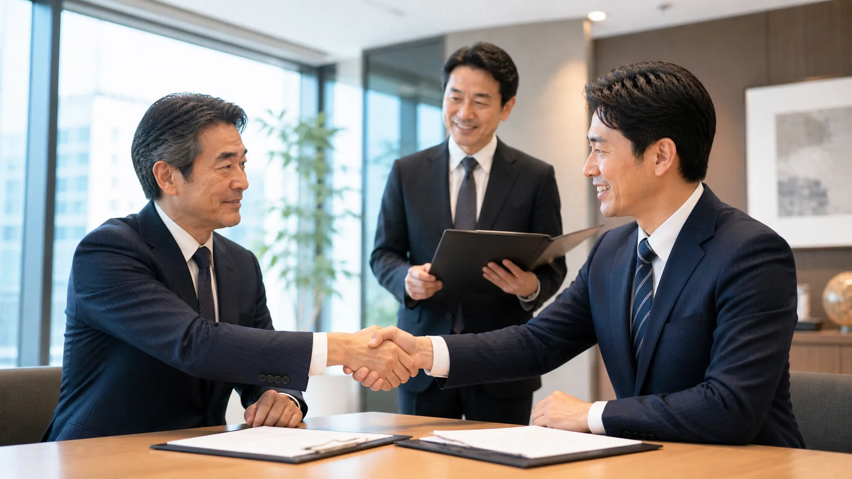 M&A成立後に握手を交わす経営者たちのイメージ