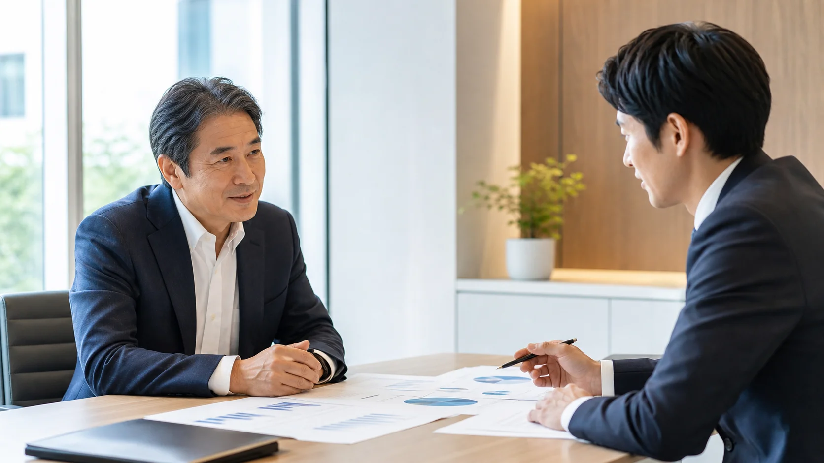 赤字会社のM&A売却を検討する中小企業経営者が専門家と相談しているシーン