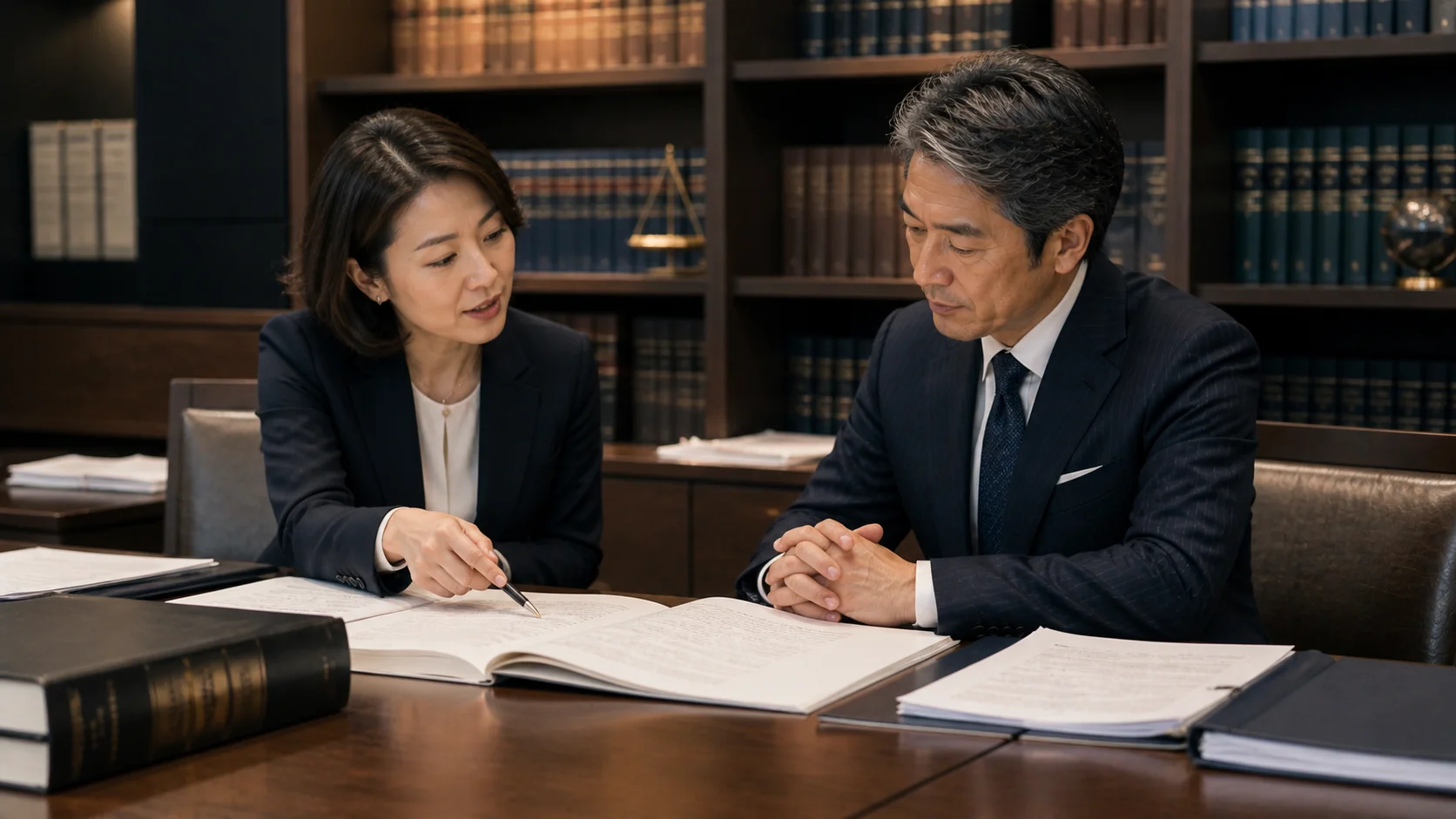 M&Aスキームの手法を確認する日本人弁護士と経営者