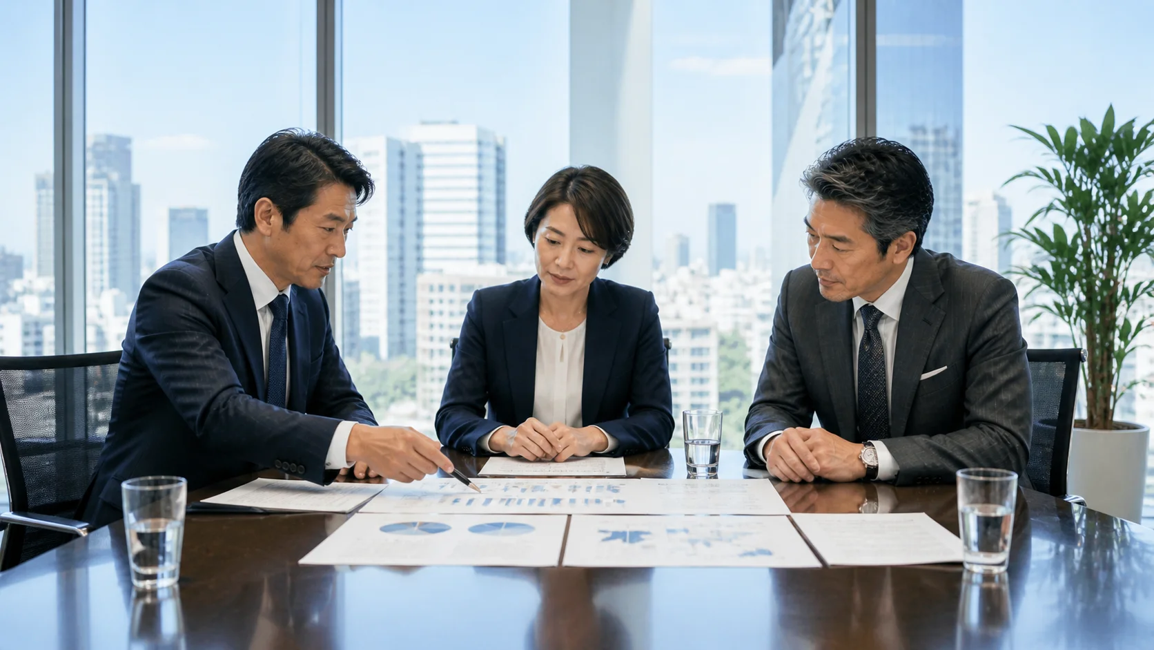 海外事業展開の可能性を前向きに話し合う経営幹部チーム