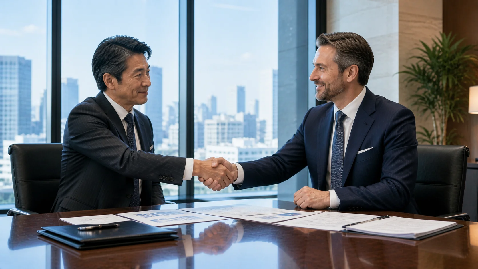 グローバルM&Aの成功を確認する日本企業経営者と海外パートナー