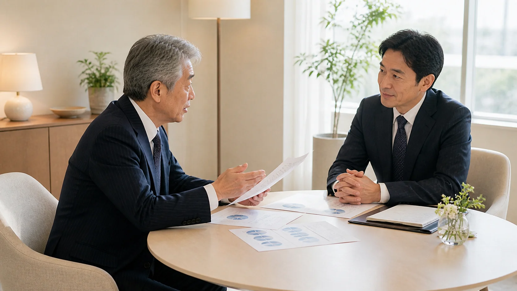 海外企業への売却を検討する日本人経営者が専門家に相談するシーン
