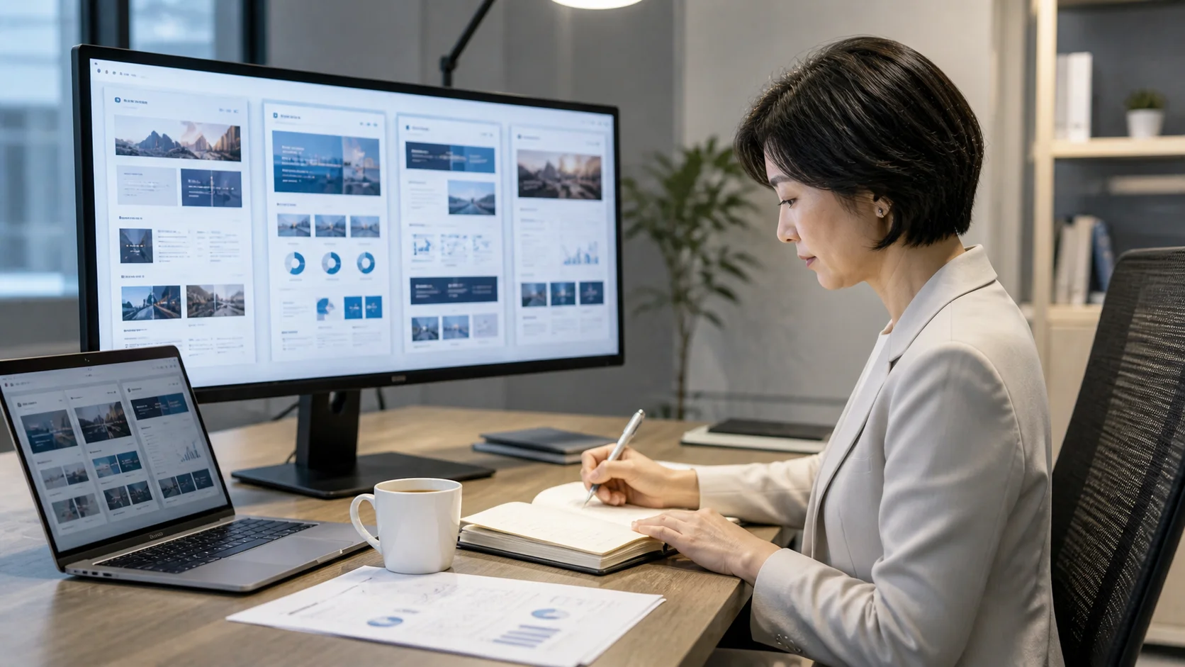 主要な会社売却サイトを比較調査しているビジネスパーソン