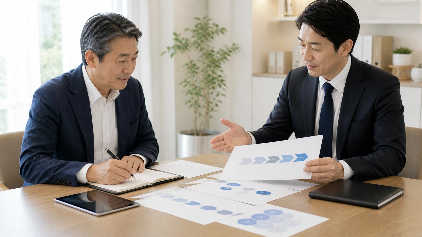 M&Aの手続きプロセスを段階的に確認する経営者と専門家