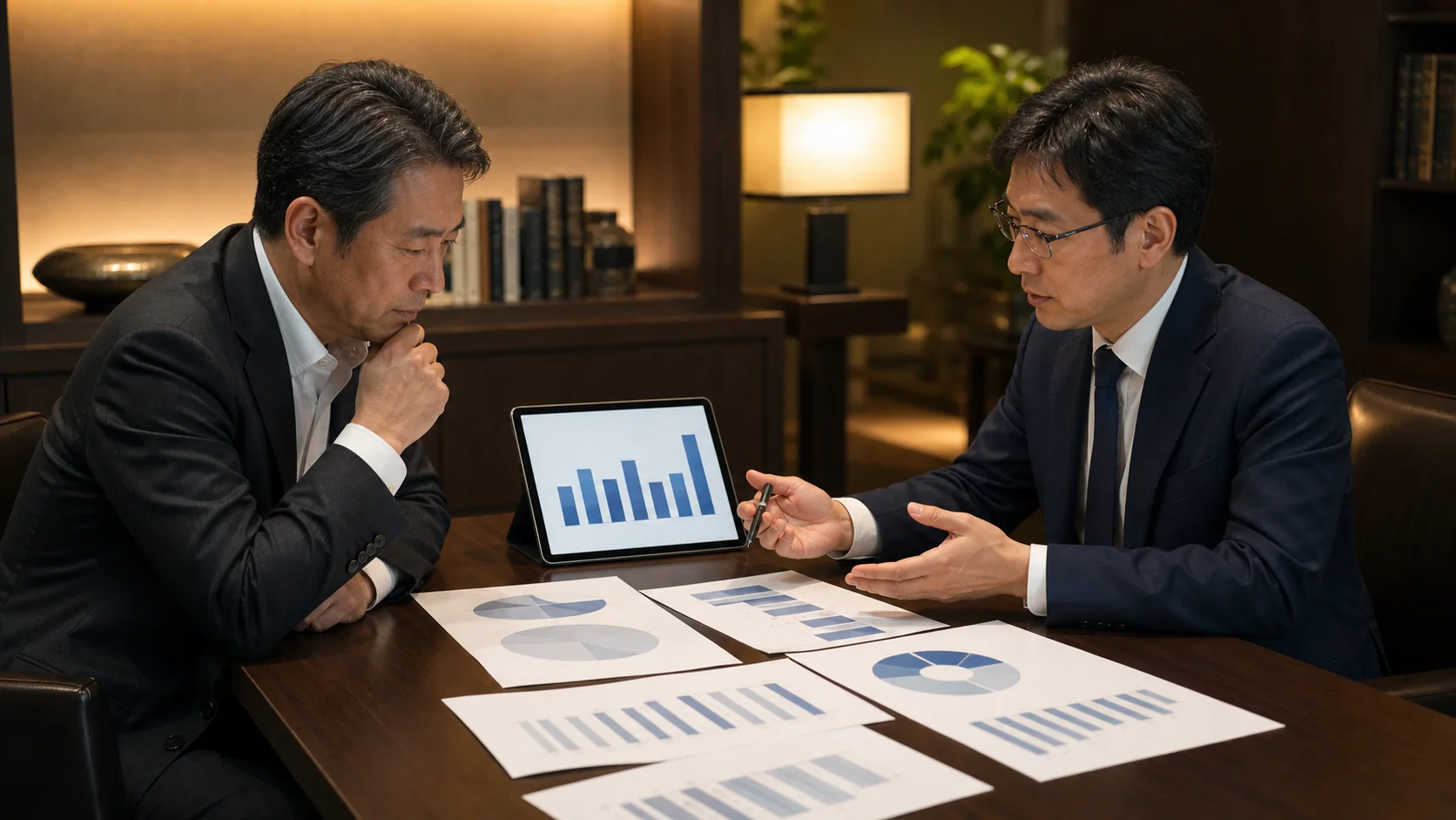 企業価値評価の資料を確認する財務専門家と経営者