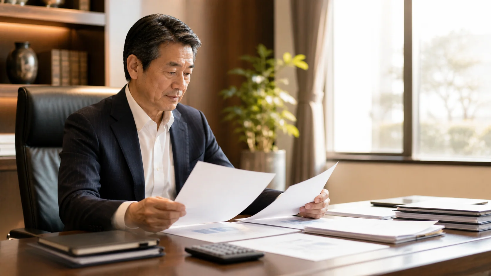 M&Aの費用と税金について確認する中小企業経営者のシーン