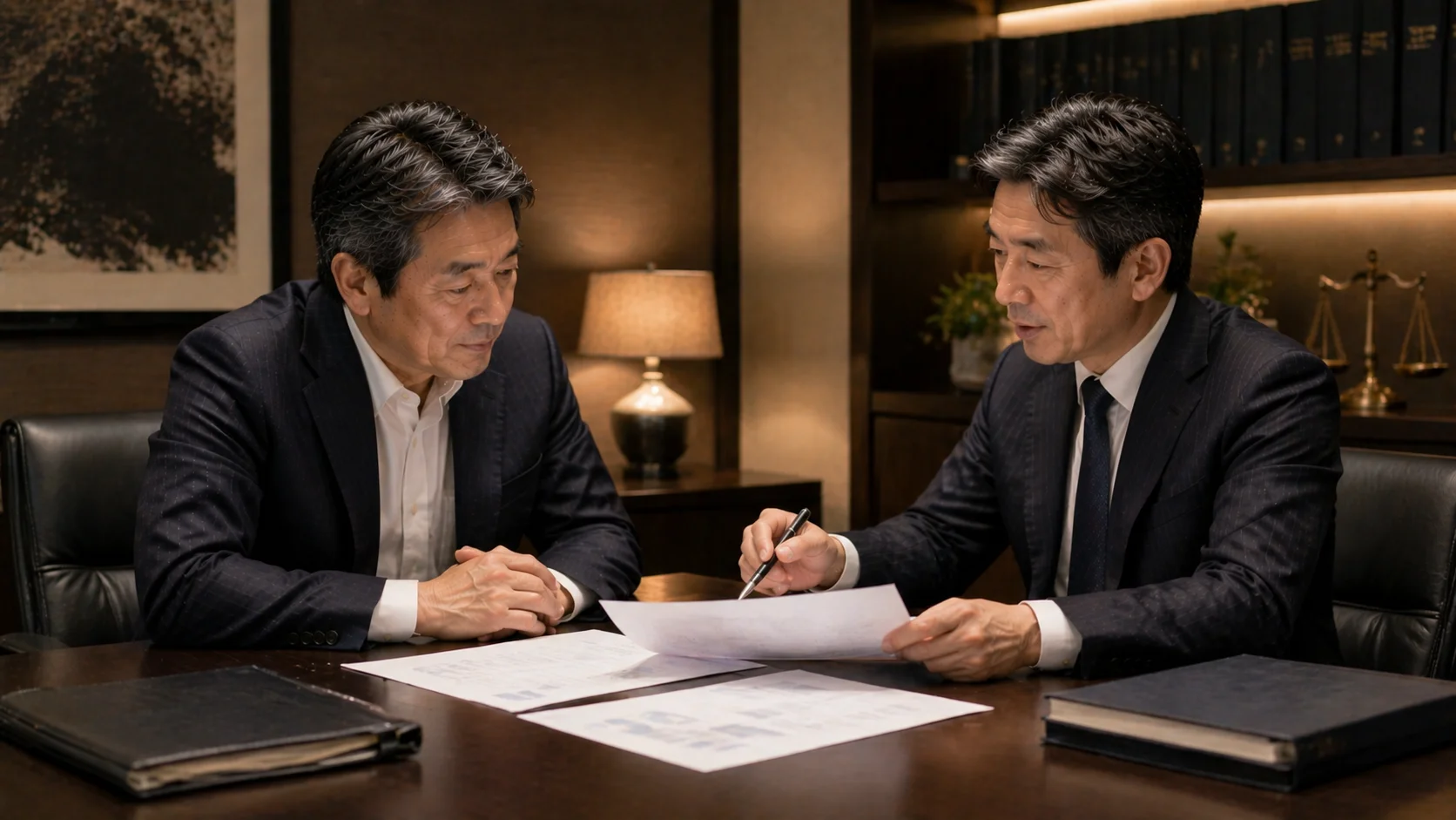 M&Aの注意点を慎重に確認する経営者と弁護士のシーン