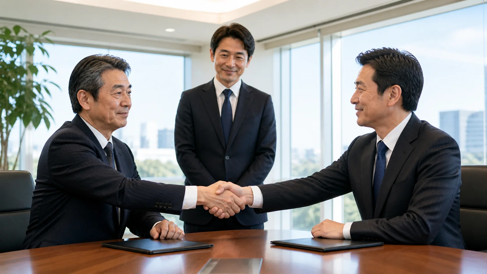 M&A成立後に握手を交わす中小企業の経営者同士