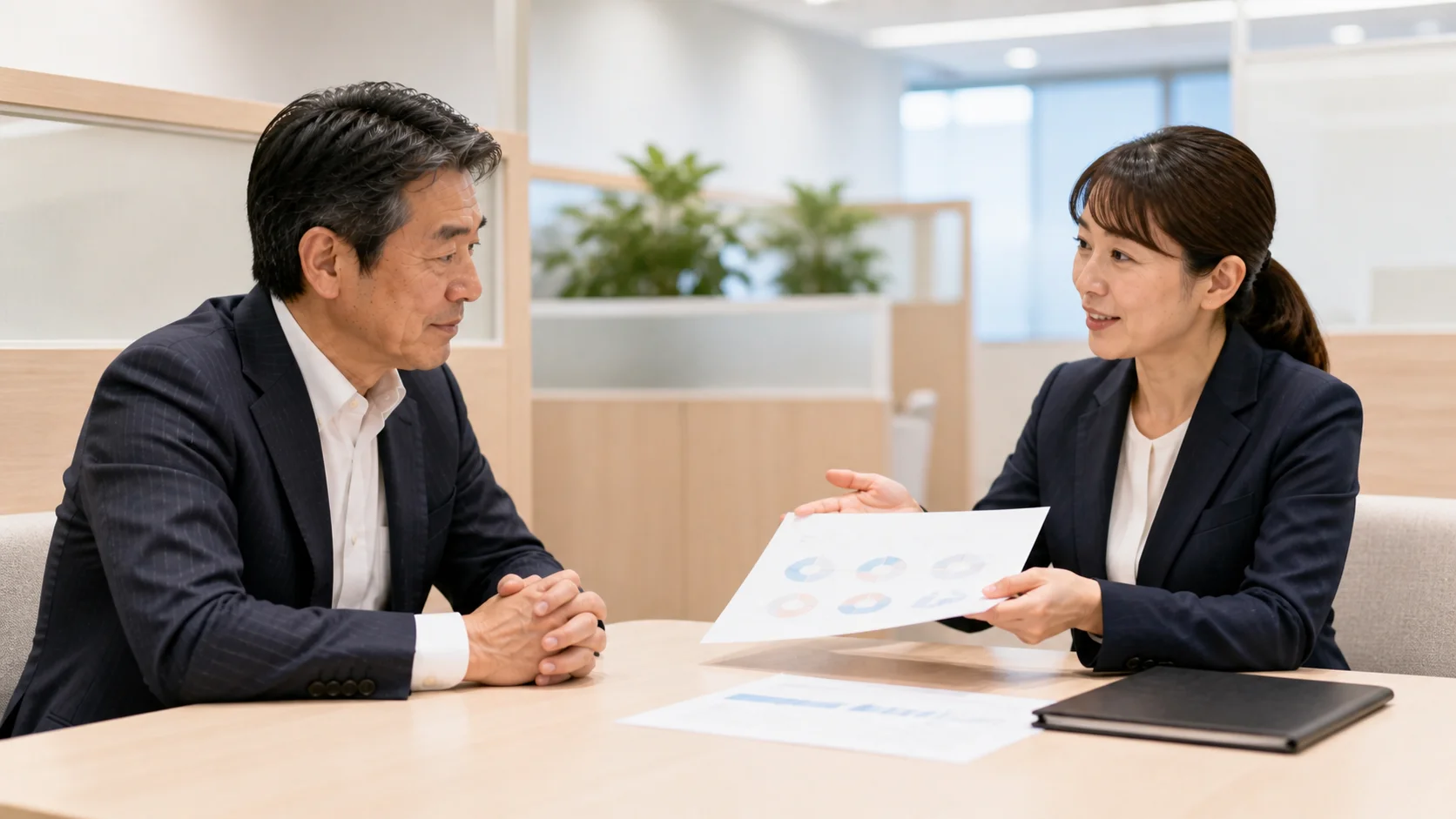 M&A相談窓口で専門家から丁寧な説明を受ける中小企業経営者