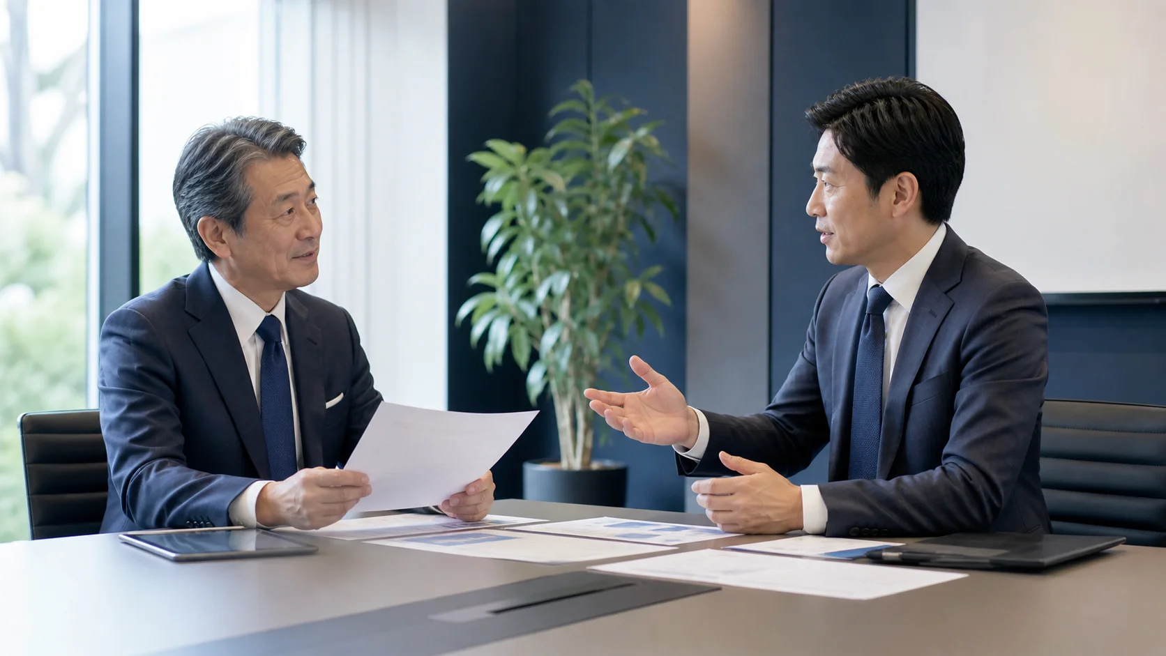 中小企業のM&Aを検討する経営者と専門家が会議室で向き合うシーン