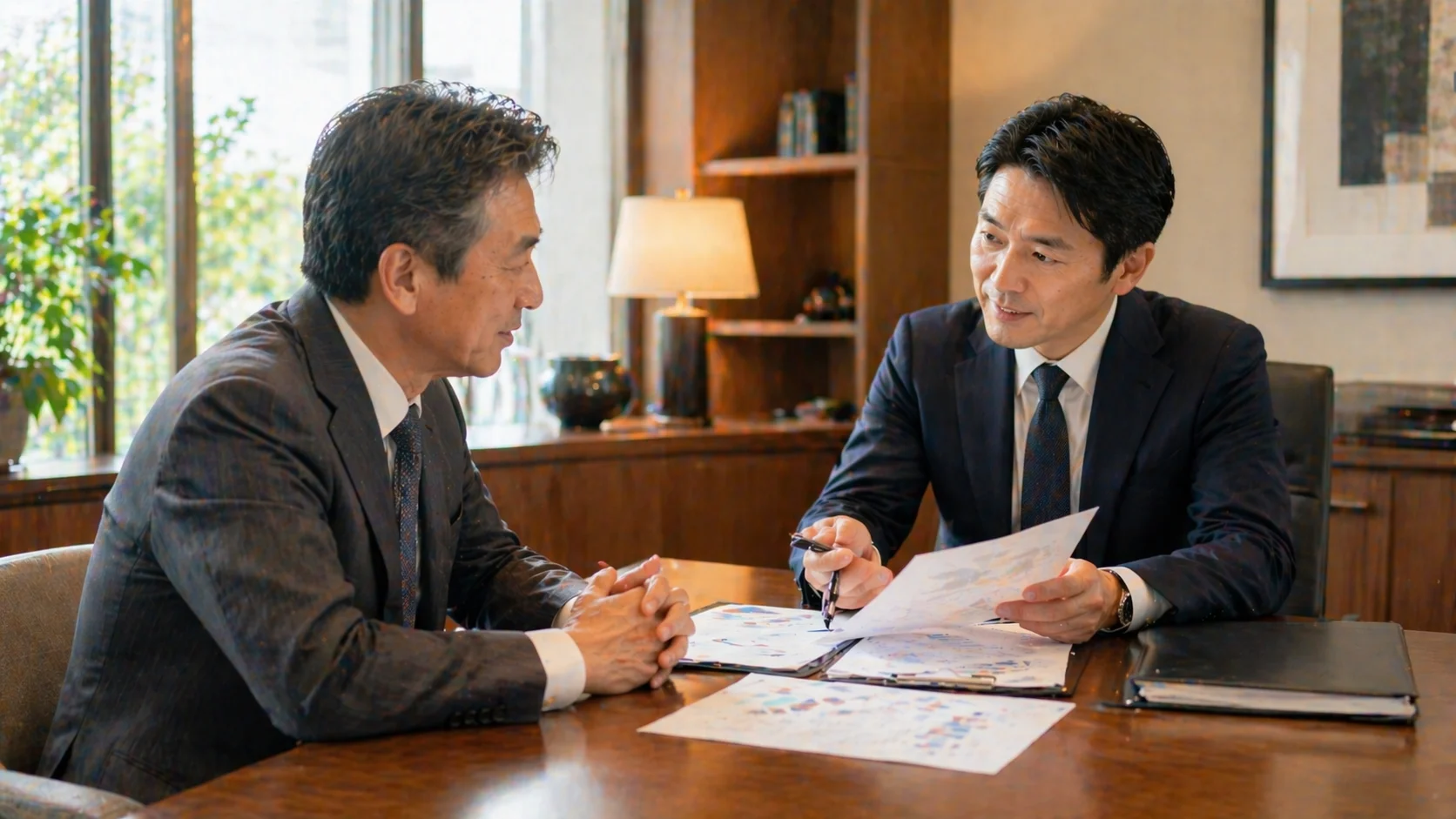 事業承継でセカンドオピニオンを受ける経営者と中立的な専門家のイメージ