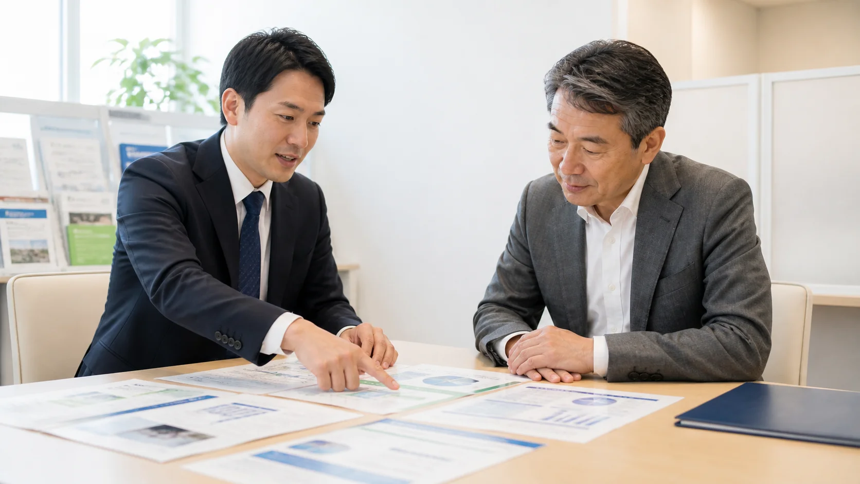 事業承継の公的支援機関の資料を確認する経営者と専門家