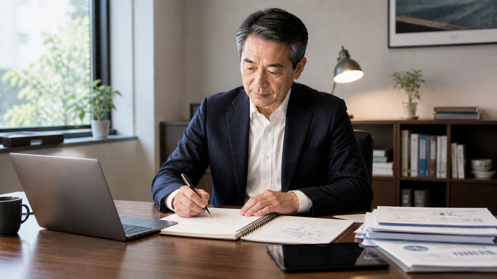 事業承継の準備ステップをノートに整理する日本人経営者
