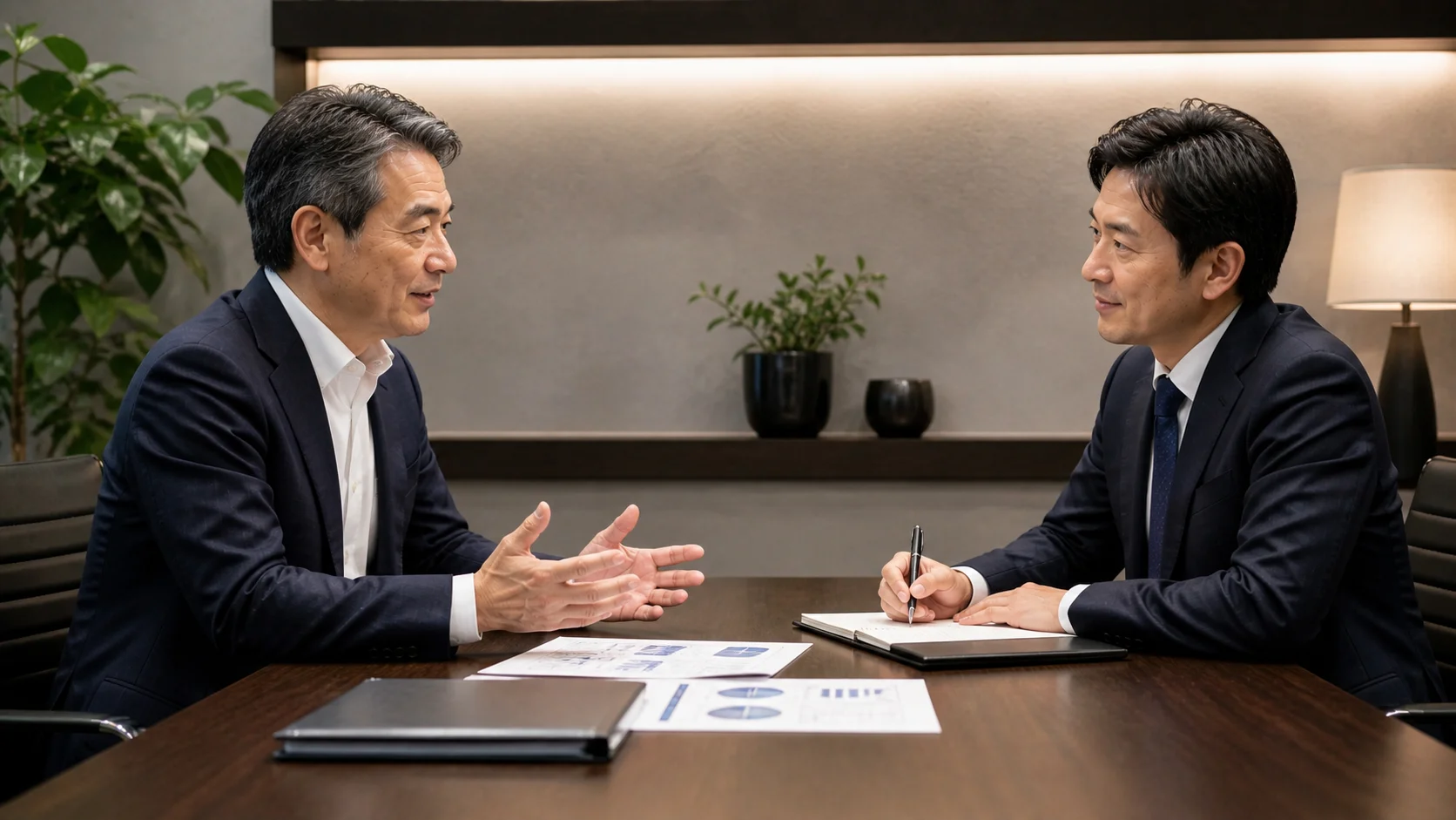 M&Aセカンドオピニオンを受ける経営者と中立的な専門家の相談シーン