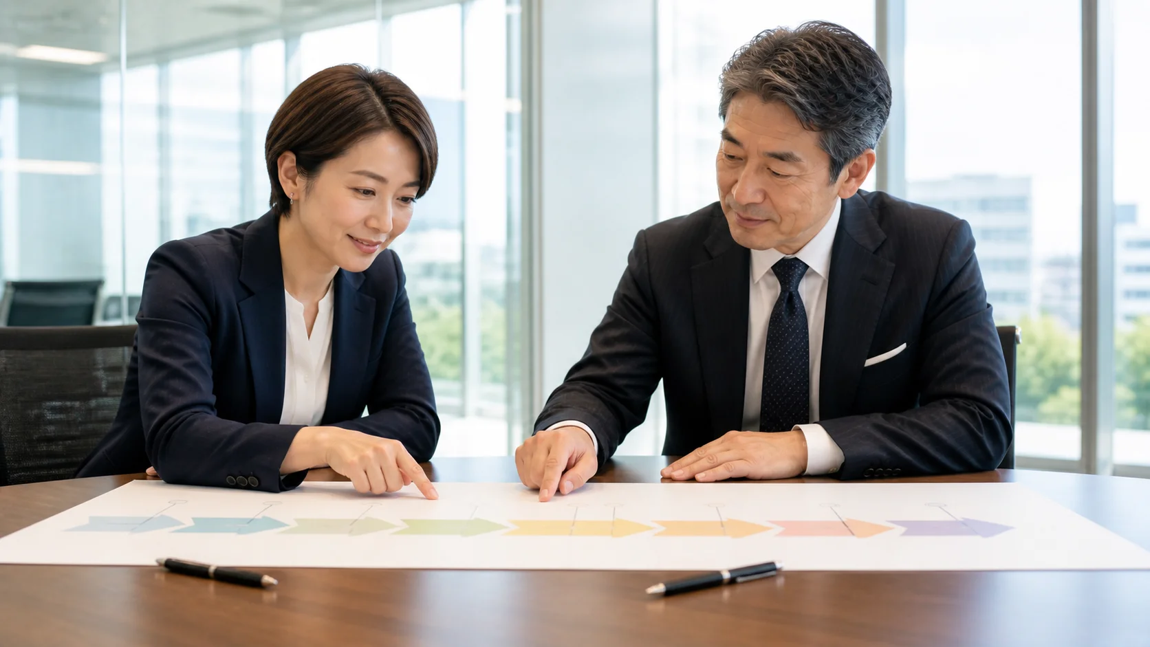 事業承継の流れとステップを確認する専門家と経営者