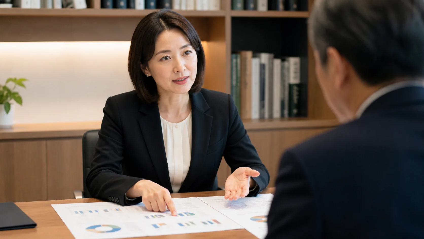 介護M&Aの基礎知識を資料で説明するビジネスシーン