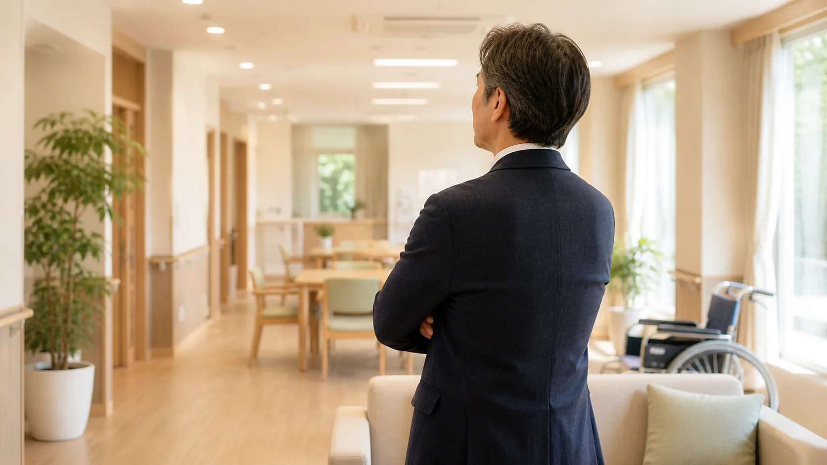 介護業界の経営課題を見据える施設管理者の後ろ姿