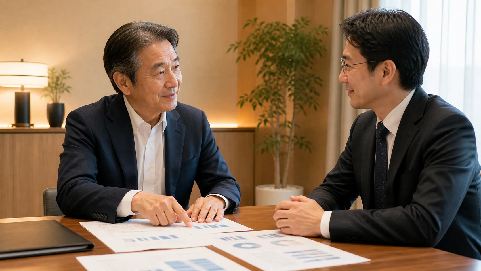 介護M&Aのメリットを経営者と専門家が確認するシーン