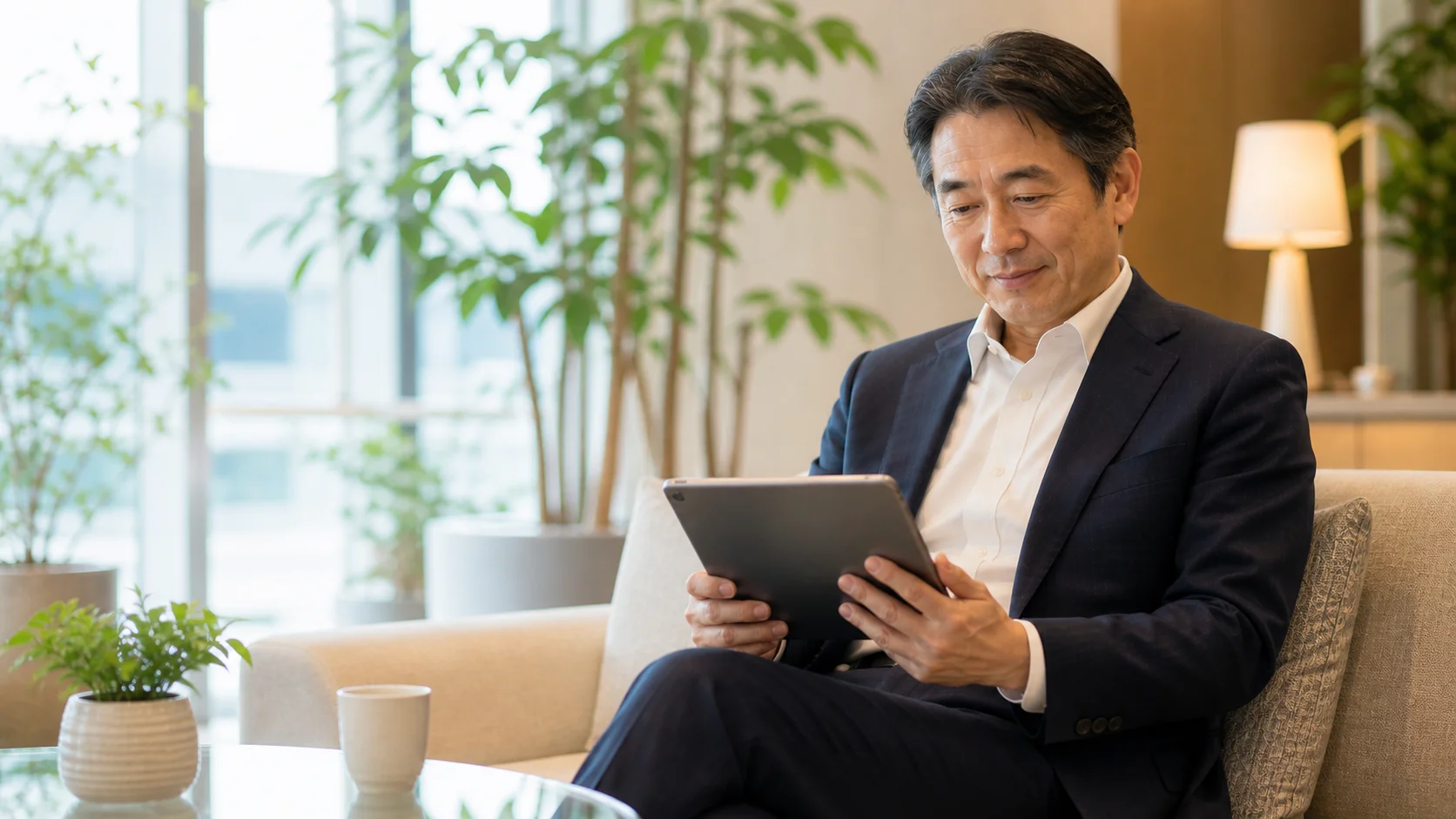 介護M&Aのよくある質問を調べる経営者のリラックスしたシーン