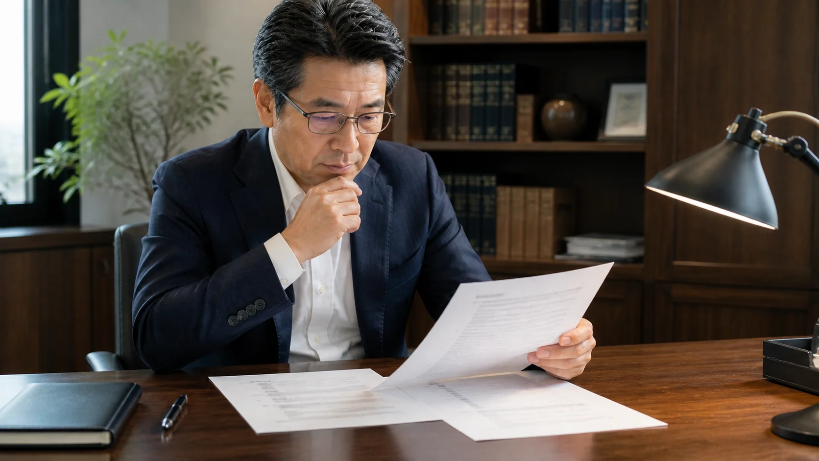 合同会社売却の課題を書類で確認する日本人経営者