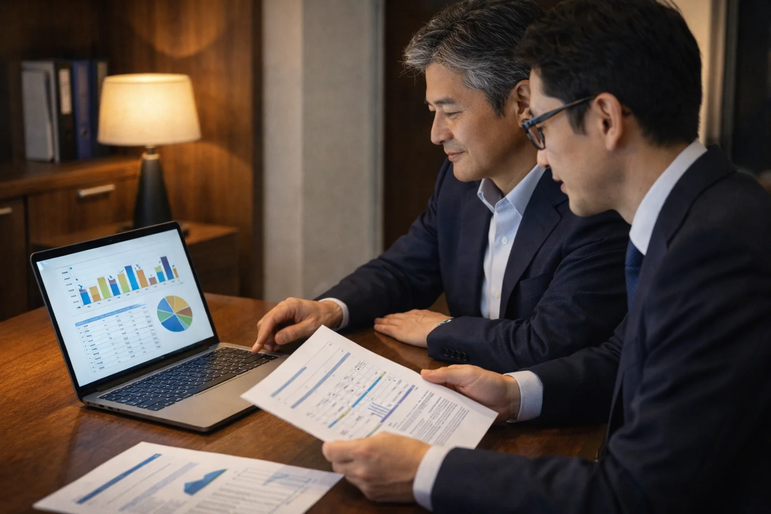 赤字会社の売却価格算出方法を確認する経営者と財務専門家