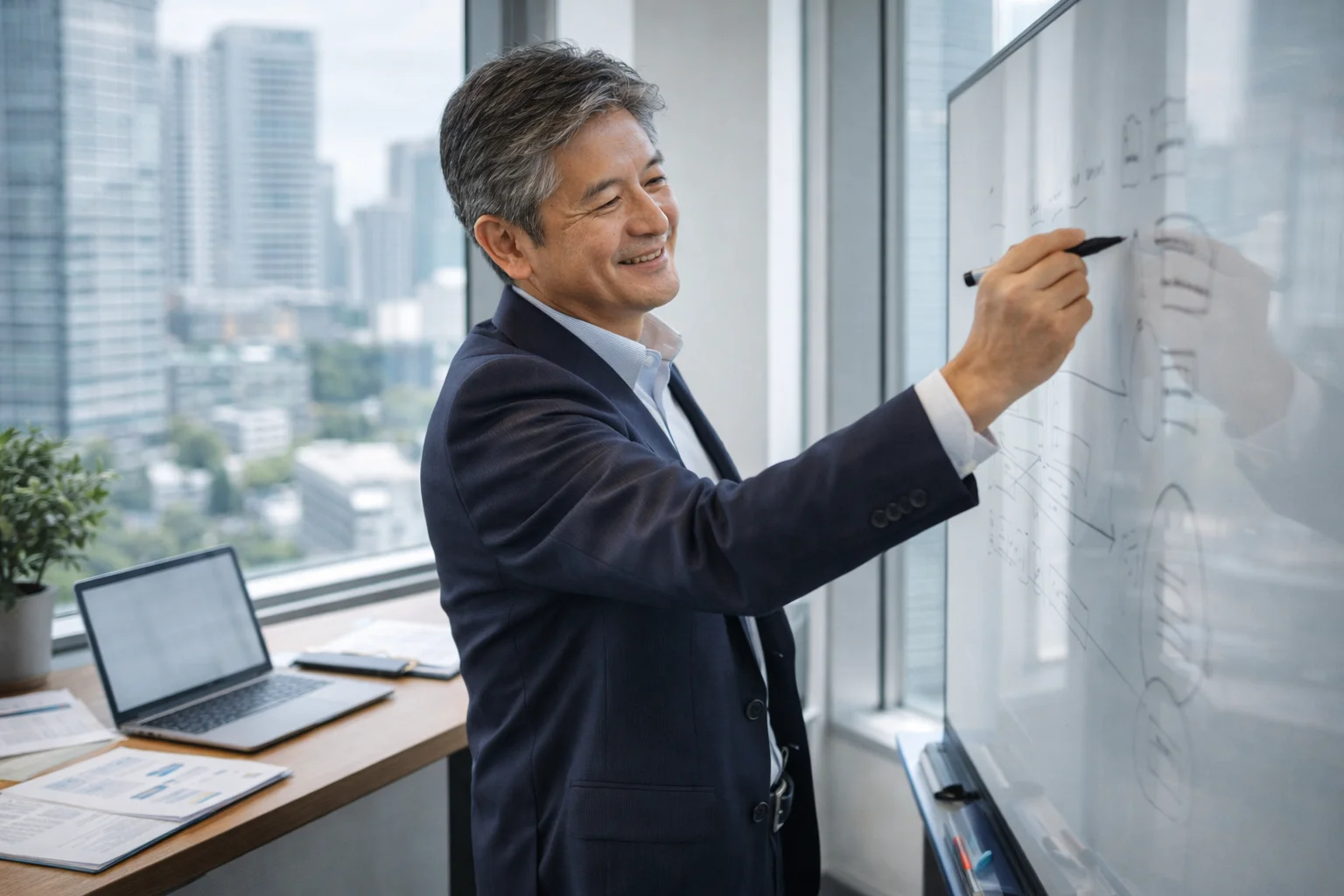 赤字会社の売却成功に向けて戦略を立てる経営者