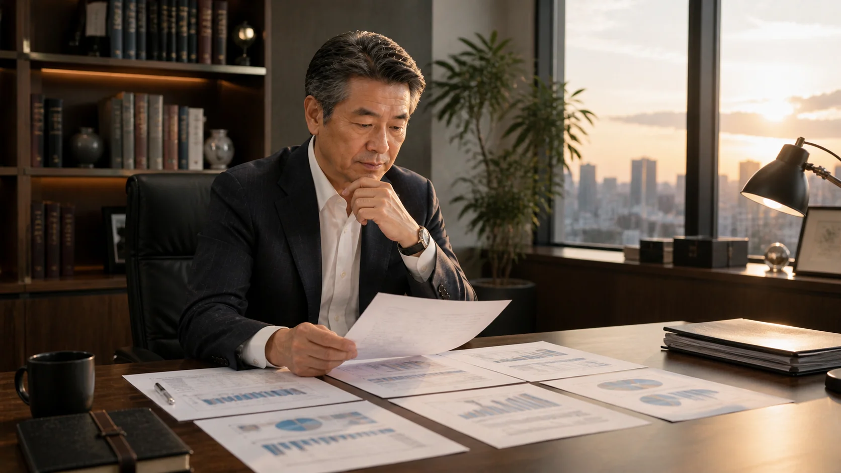 合同会社の企業価値評価を資料で検討する経営者と専門家