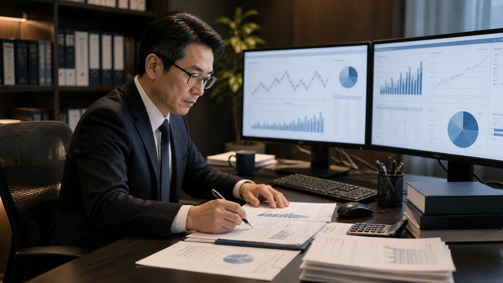 株式譲渡における企業価値評価を分析する専門家シーン