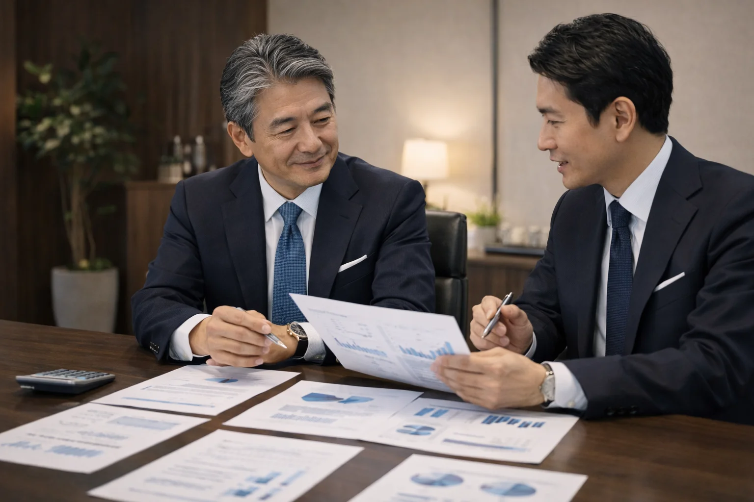 会社売却にかかる費用・税金を確認する経営者と税理士のシーン