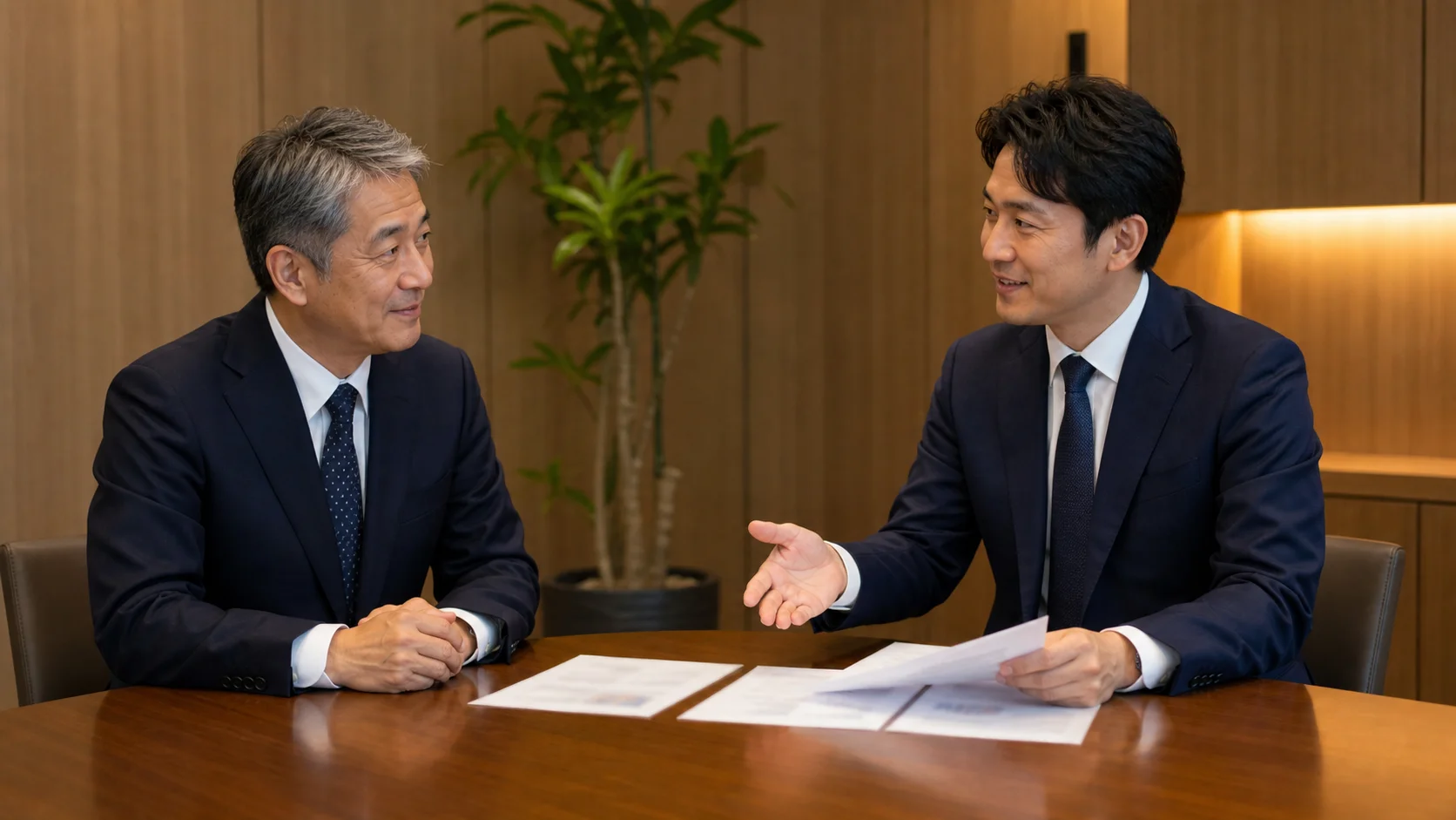 M&A支援機関の選び方を相談している日本人経営者と専門家