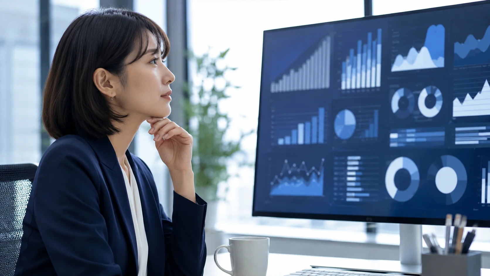 IT業界の市場動向データを確認する日本人アナリストとモニター画面