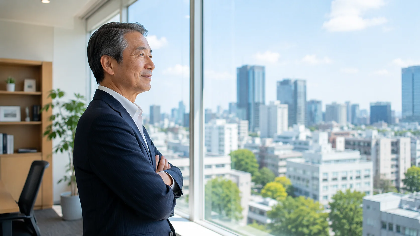 M&Aによる事業承継で将来に安心感を抱く窓辺の日本人経営者