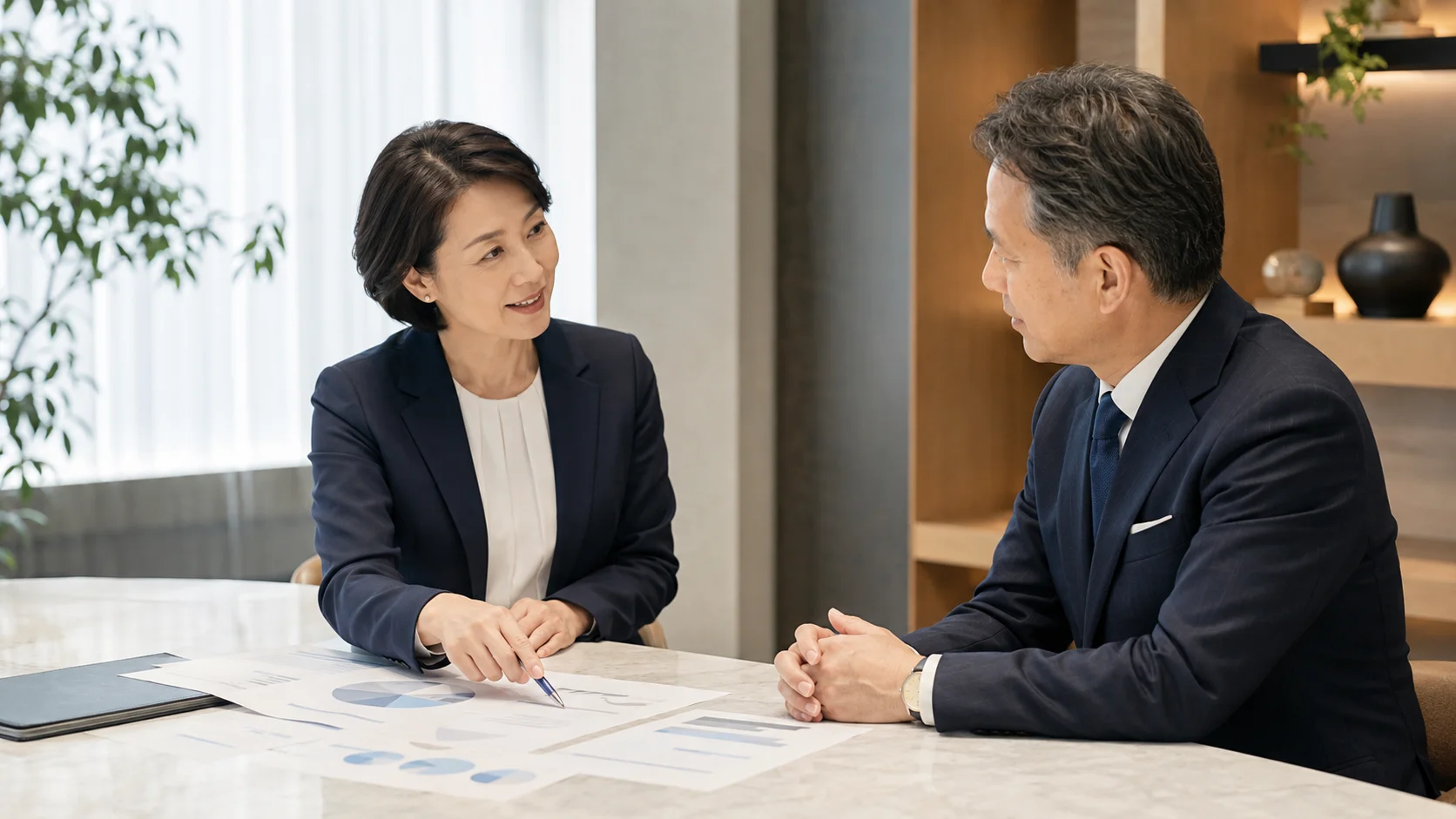 M&Aの注意点を丁寧に説明する日本人アドバイザーと落ち着いて聞く経営者