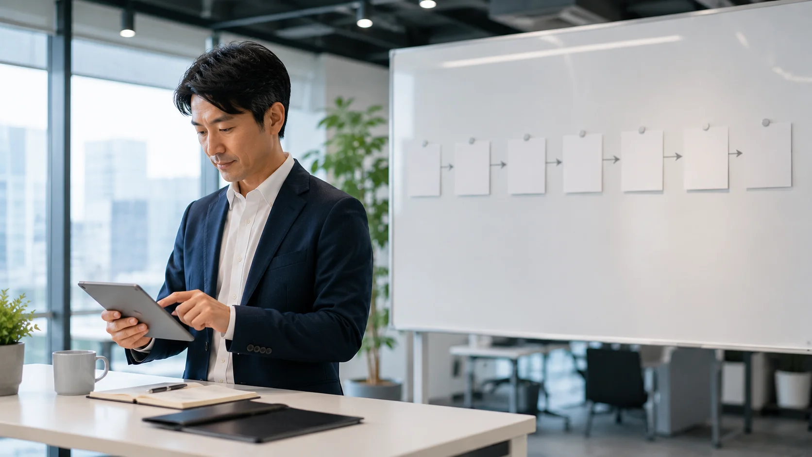 M&Aの進め方を段階的に確認する日本人ビジネスパーソンとタブレット