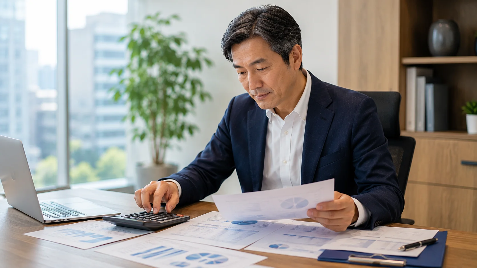 企業価値評価と売却相場を電卓と資料で検討する日本人経営者