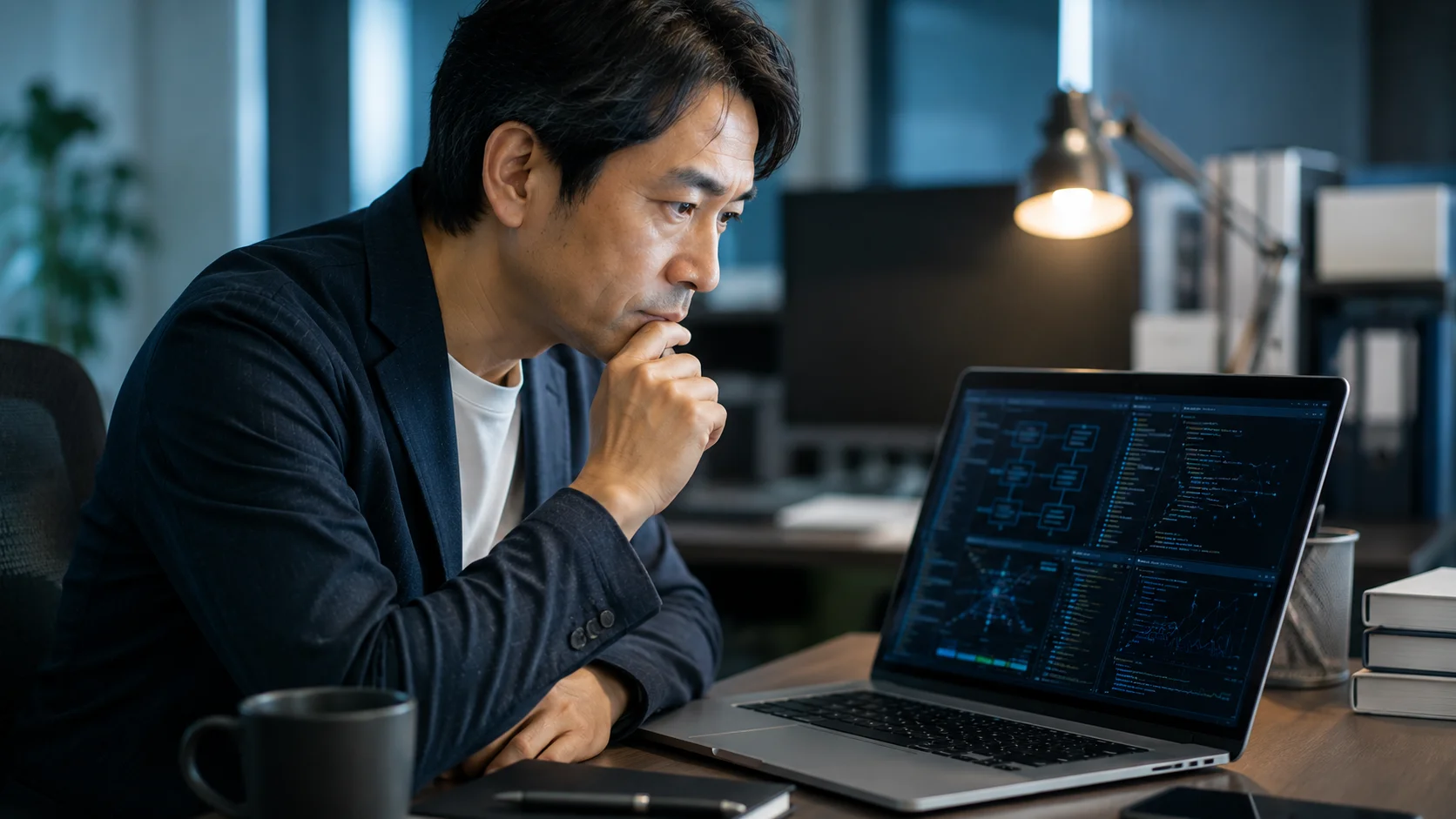 IT企業のデューデリジェンスでシステムを精査する日本人専門家とノートPC