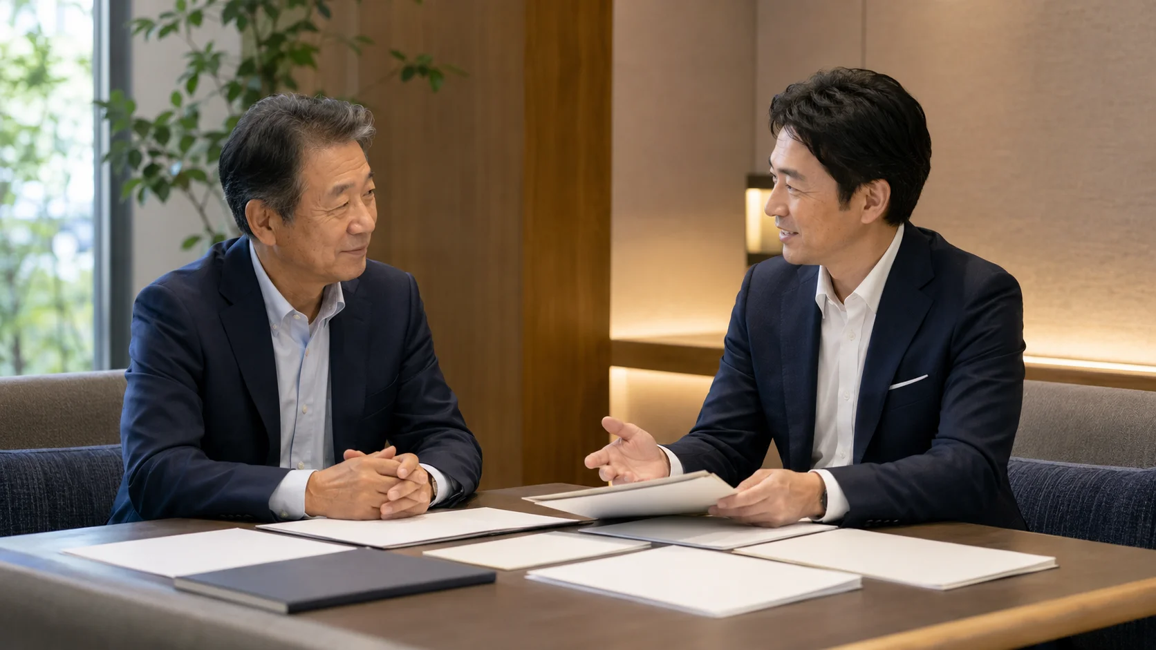 M&Aの相談先を比較検討する日本人経営者とアドバイザーの相談シーン