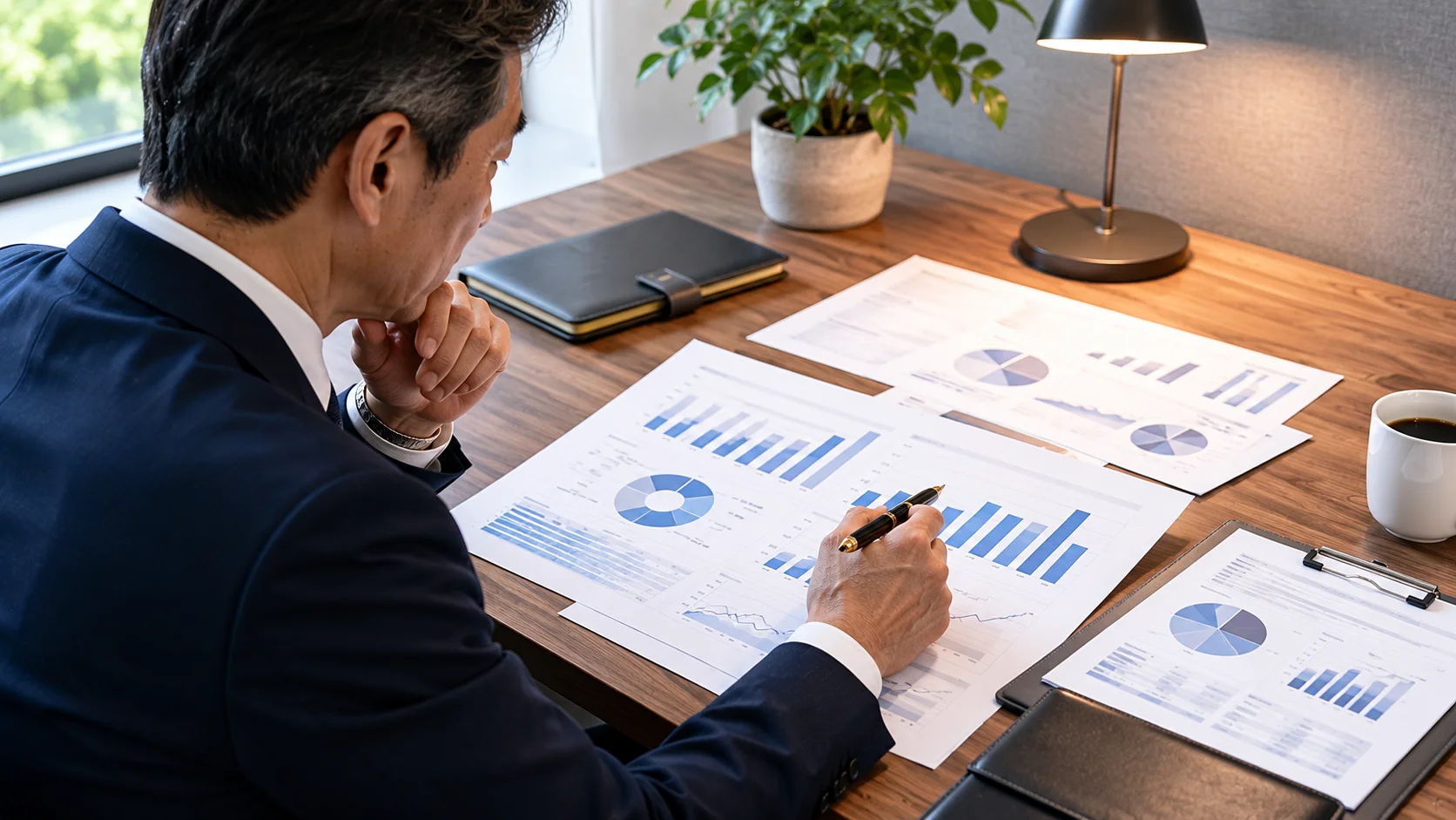 財務資料を万年筆で確認する日本人男性経営者のオーバーショルダー。価格を左右する評価要素を見極めるイメージ