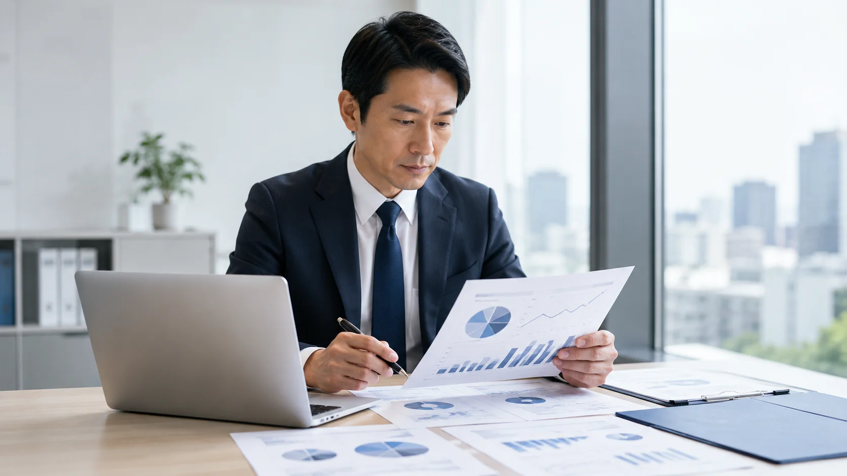 ノートパソコンと抽象的なグラフ資料で分析する日本人アナリスト。3つの企業価値評価アプローチのイメージ