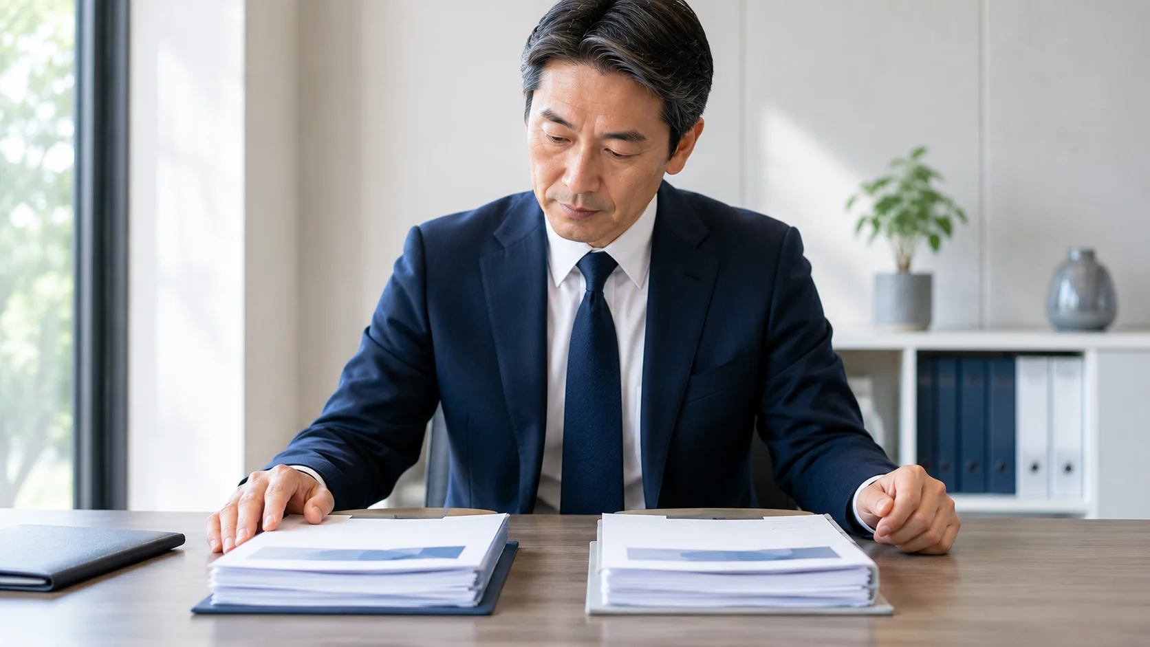 二つの書類の束を見比べる日本人男性経営者。株式譲渡と事業譲渡の価格・税金の違いを比較するイメージ