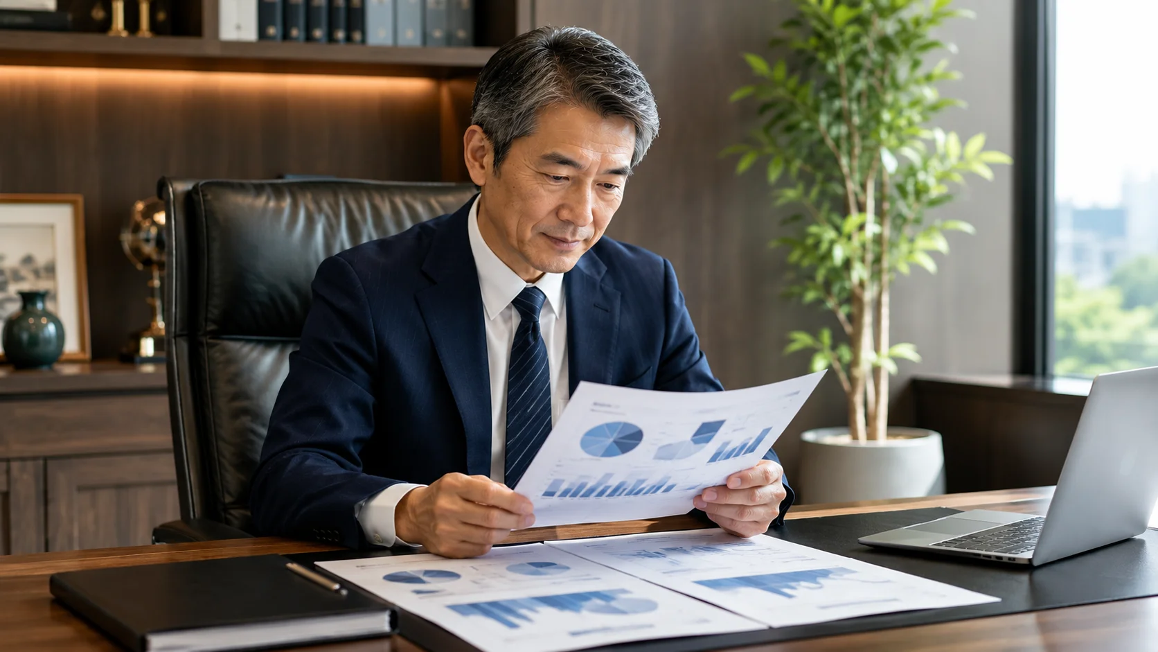 経営者オフィスで財務資料を手に費用を検討する日本人男性経営者。M&Aの手数料相場を見極めるイメージ