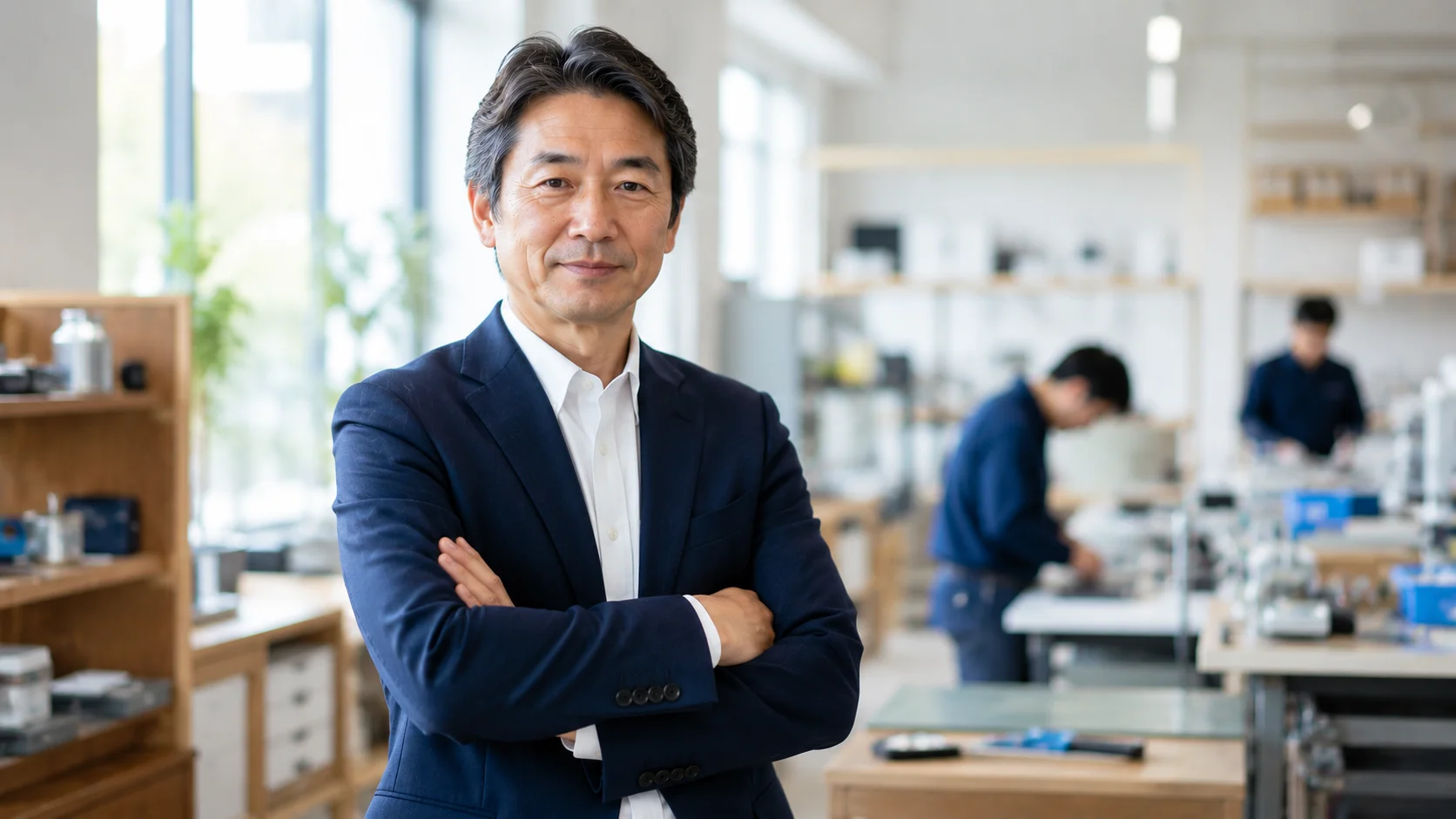 自社を背景に前向きな表情で立つ日本人男性経営者。会社を有利な価格で売る準備のイメージ