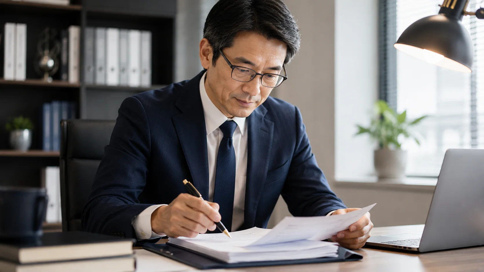 眼鏡をかけ契約書を丁寧に確認する日本人専門家。法務・経済環境のリスクを慎重に確認するイメージ