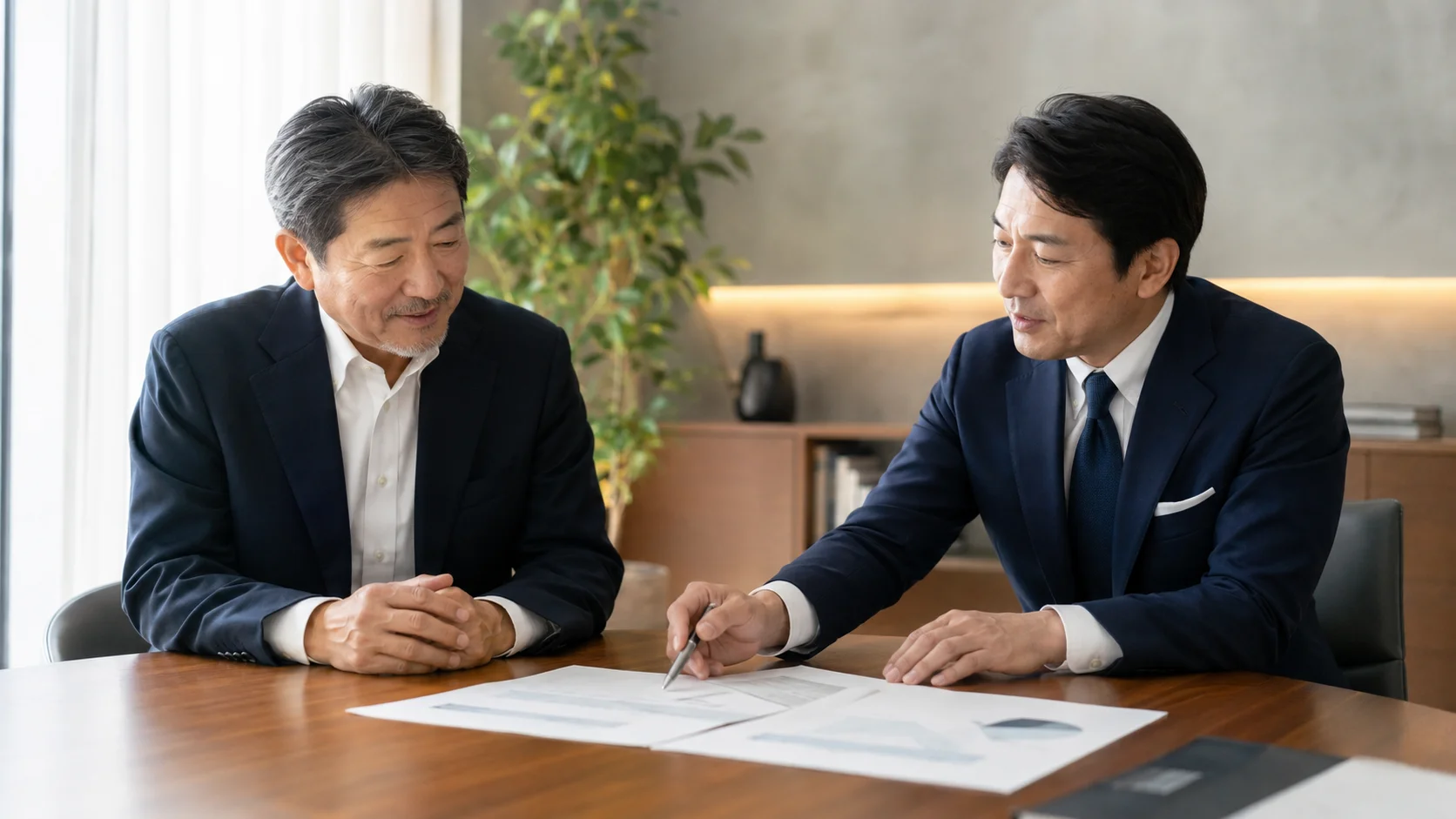 相談室で経営者に穏やかに助言する日本人専門家。中立的な第三者にM&Aの価格を相談するイメージ