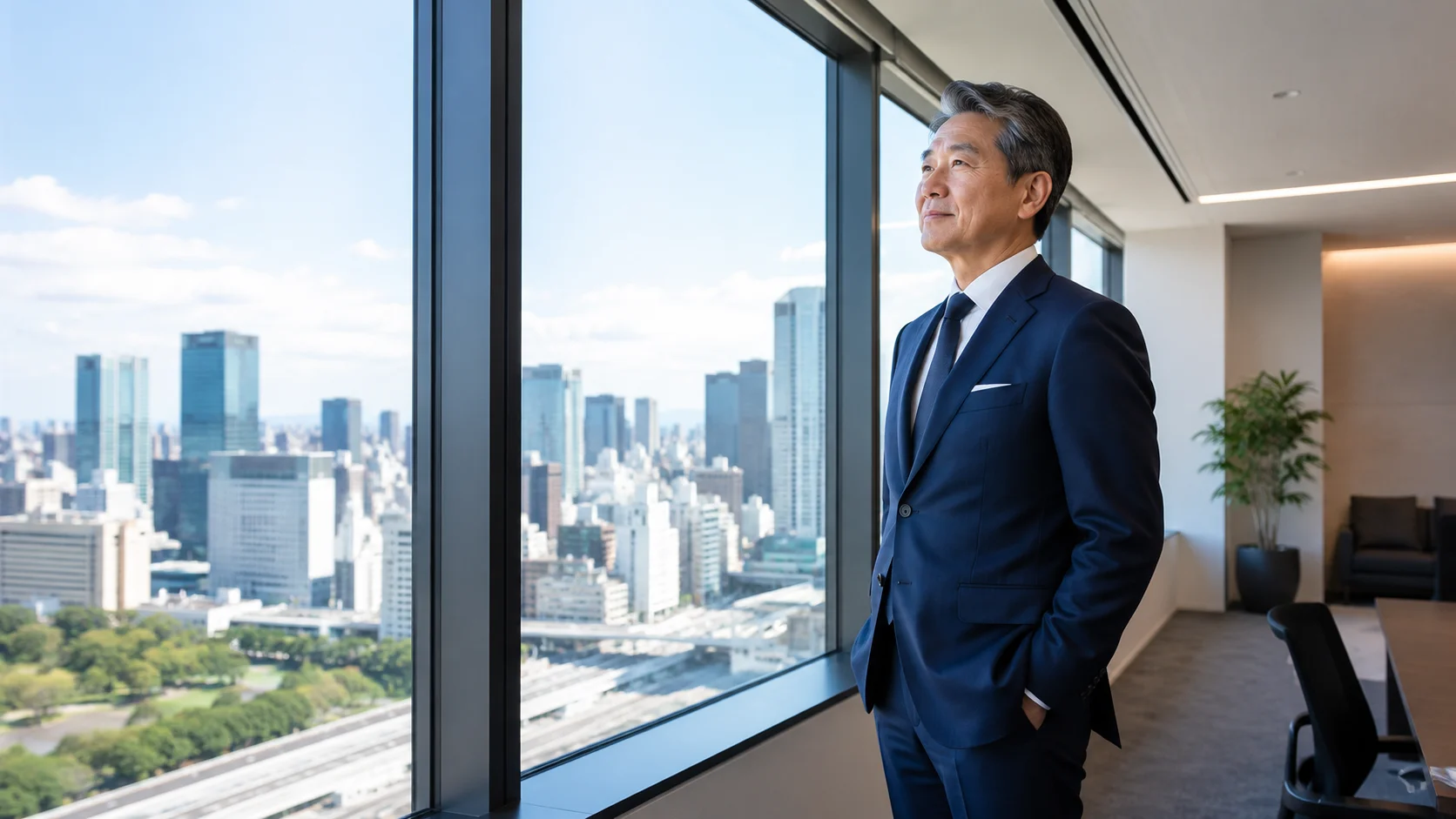 大きな窓のあるオフィスで街を眺める日本人男性経営者。M&Aの価格を落ち着いて検討するイメージ