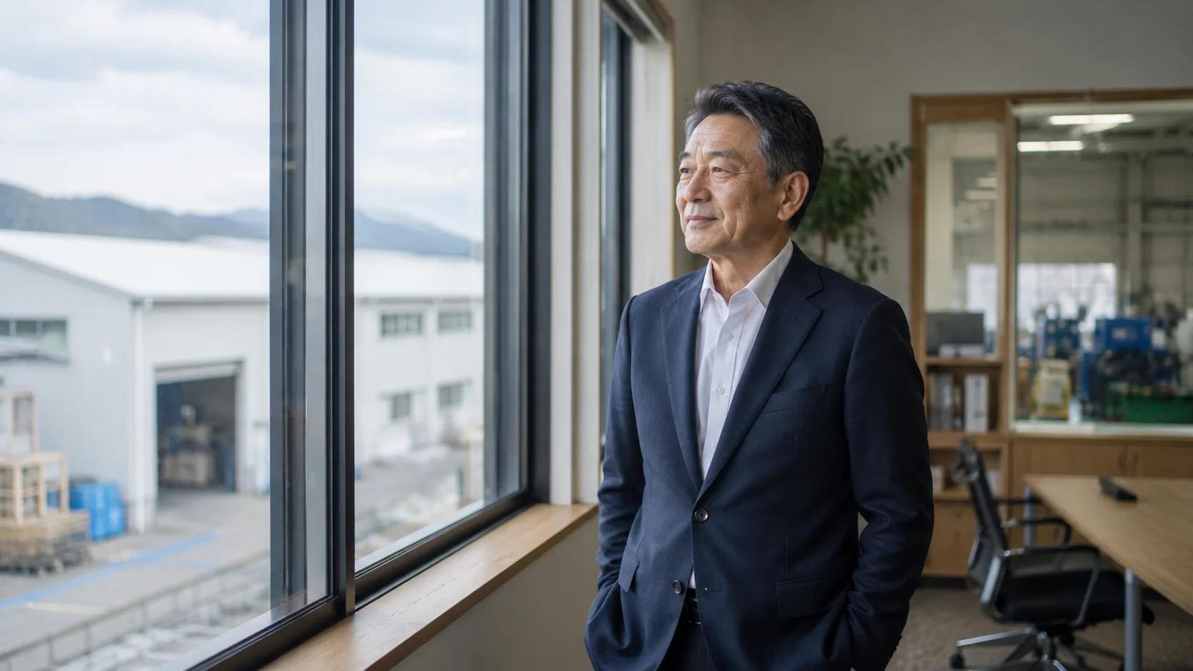事業承継を前向きに検討する中小企業の日本人経営者が自社オフィスの窓辺に穏やかに立つ様子