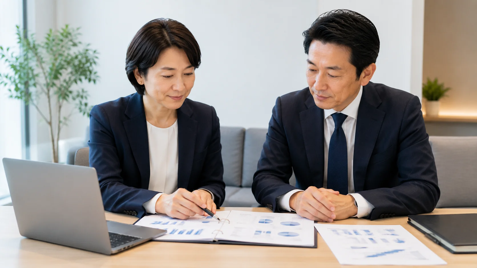 M&Aの準備段階で日本人女性アドバイザーと経営者が決算書などの資料を一緒に確認する様子
