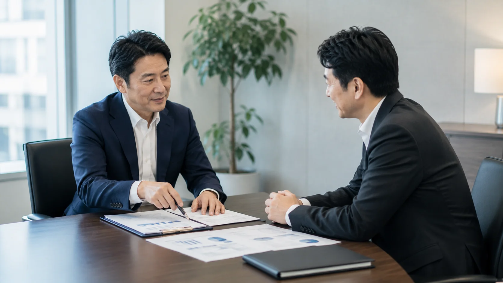 M&Aの交渉フェーズで二人の日本人ビジネスパーソンがテーブルを挟んで穏やかに話し合う様子